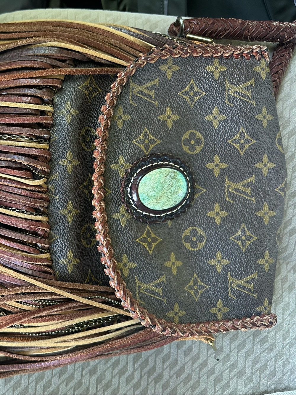 Louis Vuitton Brown Monogram Fringe Crossbody with genuine Turquoise Accent - Picture 3 of 12
